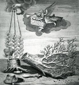 Emblematischer Druck zur Hinrichtung von Charles I und der Stuart-Nachfolge, 1715 von Robert Vaughan