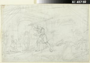 Schmieden der Goldjungfrau, Skizze für die Kalevala-Serie; Studie der Figur von Ilmarinen auf der Vorderseite (doppelseitiges Werk) von Robert Wilhelm Ekman