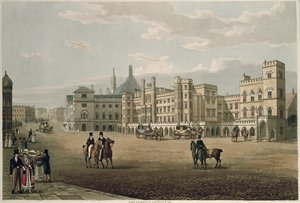 Ansicht des House of Lords und Commons, vom Old Palace Yard aus, veröffentlicht 1821 von Colnaghi und Co. von Robert the Elder and Younger Havell
