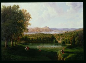 Blick von Tarrytown auf den Hudson River, Old Dutch Church und Beckham Manor, 1866