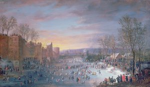 Eislaufen auf dem Stadtgraben in Brüssel, 1649