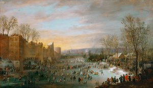 Eislaufen auf dem Stadtgraben in Brüssel von Robert van den Hoecke