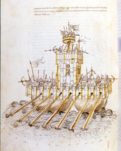 Art de la guerre: Studie über militärische Maschinen, Modell eines gepanzerten Kriegsschiffs. Illustration aus 