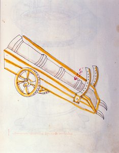 Kunst des Krieges: Studie über militärische Maschinen. Kanone auf der Wache, Illustration aus 