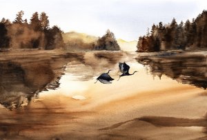 Flug der Vögel über dem goldenen See von RodMacIver