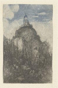Gebäude auf einem Felsen und ruhende Hirten mit Schafen am Fuß des Felsens