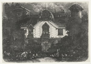 Haus mit Turm hinter einem Zaun und Hirtin mit Vieh von Rodolphe Bresdin