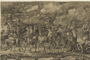 Hunnenkönig mit seinen Frauen, umgeben von Dienern und Vieh, durch eine Landschaft reitend von Rodolphe Bresdin