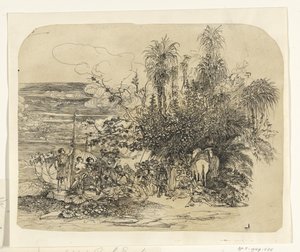 Landschaft mit einer Gruppe ruhender Orientalen mit ihren Pferden und Kamelen