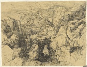 Landschaft mit Felsen und Steinbrücke über Bergstrom