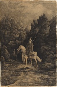 Orientalischer Reiter in einer trostlosen Berglandschaft