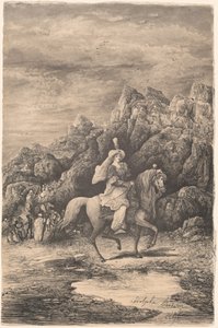 Orientalische Reiterin in einer öden Berglandschaft von Rodolphe Bresdin