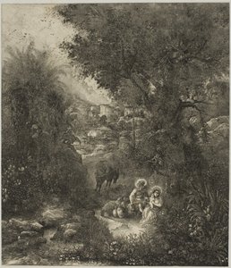 Ruhe auf der Flucht nach Ägypten mit gesatteltem Esel von Rodolphe Bresdin