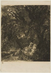 Ruhe auf der Flucht nach Ägypten mit gesatteltem Esel von Rodolphe Bresdin