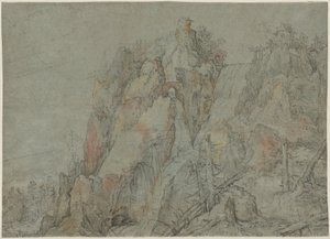 Gebirgslandschaft mit Burgen und Wasserfällen
