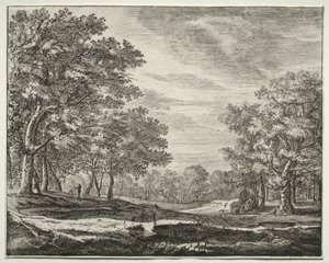 Sechs Ansichten im Wald von Den Haag: Ein Mann mit einem Stab in der Hand von Roelant Roghman
