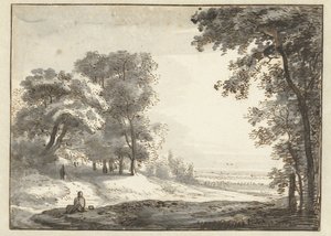 Waldlandschaft mit einem ruhenden Reisenden