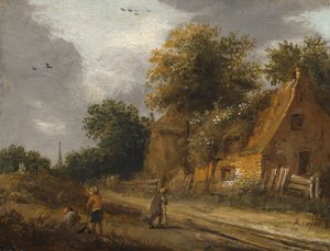 Drei Figuren, die an einer Straße vor einem Cottage vorbeigehen von Roelof Jansz van Vries