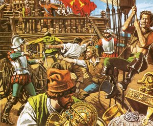 Sir Francis Drake greift die Spanier an von Roger Payne