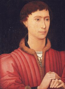 Porträt eines jungen Mannes, Brustbild, in einem pelzbesetzten roten Wams, ca. 1450-60