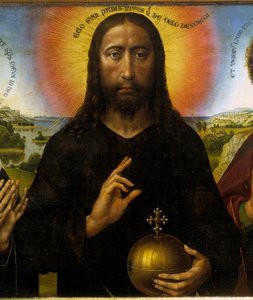 Christus Erlöser zwischen der Jungfrau und dem heiligen Johannes dem Evangelisten, genannt das Triptychon Braque. Detail von Christus. Gemälde von Rogier (Roger) Van Der Weyden (1400 - 1464) von Rogier van der Weyden