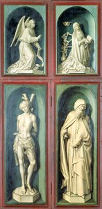 Die Verkündigung, St. Sebastian, St. Antonius der Große und die beiden Stifter, Tafeln von der Rückseite des Jüngsten Gerichts, um 1445-50