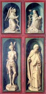Die Verkündigung, St. Sebastian und St. Antonius der Große, Tafeln von der Rückseite des Jüngsten Gerichts, ca. 1445-50