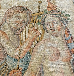 Ein Zentaur bezaubert eine Mänade, Detail aus dem Triumphzug des Dionysos, Haus des Aion, Paphos, Zypern (Mosaik)