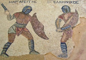 Ein Kampf zwischen zwei Gladiatoren, Haus der Gladiatoren, Kourion, Zypern (Mosaik)