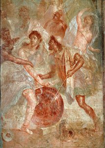 Achilles, als Frau verkleidet, wird von Odysseus unter den Töchtern des Lykomedes auf Scyros erkannt Fresko von Pompeji. 1. Jahrhundert n. Chr. Dim. 145,5x137,5 cm Neapel, Nationales Archäologisches Museum - Römische Kunst. Heftiger Kampf zwischen den Mens von Roman