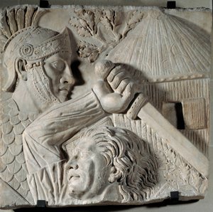 Kunst des antiken Rom: Barbar kämpft gegen einen römischen Legionär. Flachrelief, Anfang des 2. Jahrhunderts nach Christus. Rom, Trajansforum. Paris, Musée du Louvre