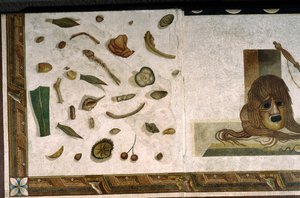 „Asarotos“ (unsauberer Boden) Fragmente eines Mosaiks signiert von Harakliton aus Rom, 2. Jahrhundert n. Chr., Rom von Roman