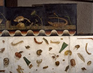 „Asarotos“ (unsauberer Boden) Fragmente eines Mosaiks signiert von Harakliton aus Rom, 2. Jahrhundert n. Chr., Rom von Roman