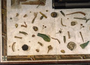 „Asarotos“ (ungesäuberter Boden) Fragmente eines Mosaiks signiert von Harakliton aus Rom, 2. Jahrhundert n. Chr., Rom von Roman