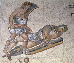 Kampf zwischen Gladiatoren, Detail eines Gladiators, der einen anderen zu Boden drückt, 320 n. Chr. (Mosaik)