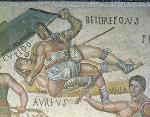 Kampf zwischen Gladiatoren, Detail eines Gladiators, der einen anderen zu Boden drückt, 320 n. Chr.