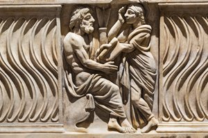 Dekoration auf einem Sarkophag, Bild eines Philosophen und einer Muse von Roman