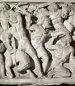Detail eines Sarkophags, der eine Schlacht zwischen Römern und Galatern darstellt