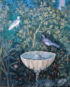 Detail eines Brunnens und Vögel aus einem Gartenbild, Haus des Goldenen Armbands, Pompeji