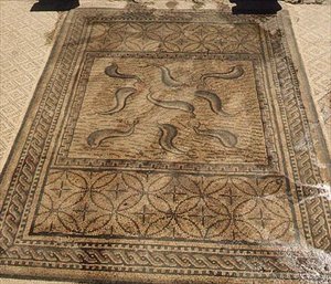 Delphine, römisches Mosaik aus dem Haus des Orpheus, 3. Jahrhundert n. Chr.