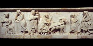 Fragment des Sarkophags von Marcus Cornelius Statius um 150 n. Chr. - Antikes Rom: Gesicht eines römischen Sarkophags von Roman