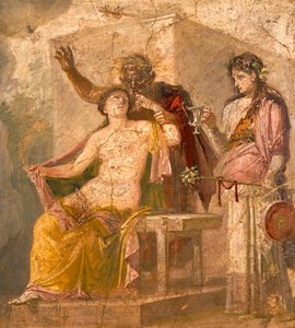 Fresko mit erotischem Motiv, das eine dionysische Szene darstellt, aus Pompeji (UNESCO-Weltkulturerbe)