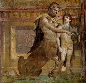 Griechische Mythologie: der Zentaur Chiron und das Kind Achilles. Fresko aus der Basilika von Herculaneum (Basilica di Ercolano). Römische Kunst, Neapel, Museo Archeologico Nazionale