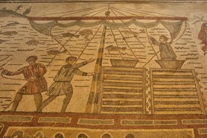 Halle der großen Jagd, Bodenmosaik Jagdszene, Villa Romana del Casale, Piazza Armerina, Sizilien, Italien