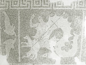 Hellenistisches Kieselmosaik von Skylla und Charybdis, die die Meerenge bewachen, Detail von Skylla, Haus des Dionysos, Paphos, Zypern