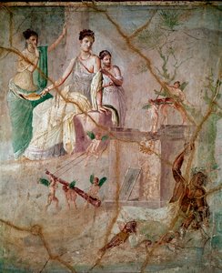 Herakles und Omphale Römisches Fresko des 3. pompejanischen Stils aus Pompeji (Fresko aus Pompeji) 40-60 n. Chr. Dim 88x103 cm Aufbewahrt im Nationalen Archäologischen Museum von Neapel Italien