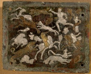Einlegeplatte: Bronzejagdszenen und Silber- und Kupfereinlagen, hergestellt 350-400 n. Chr., antikes Rom. aus Italien. Römisches Reich. Paris, Musée du Louvre von Roman