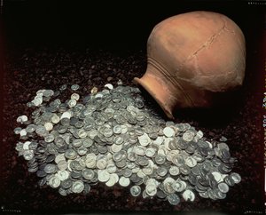Krug, der einen Schatz römischer Silbermünzen enthielt, aus Falkirk, Mitte des 3. Jahrhunderts n. Chr.