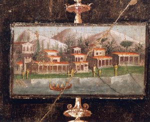 Landschaft und Architektur in Wandmalerei im Tablinum, Haus des Marco Lucrezio Fronto, Pompeji, Kampanien, römische Zivilisation