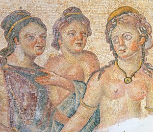 Leda und ihre Hausmädchen, Detail aus dem Leda und Zeus Mosaik, Haus des Aion, Paphos, Zypern